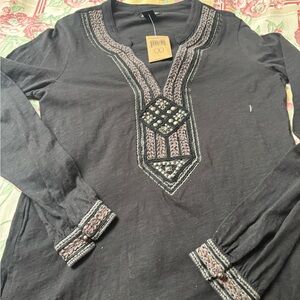 Lucky Brand Black Long Sleeve Shirt with beaded  Embroidery